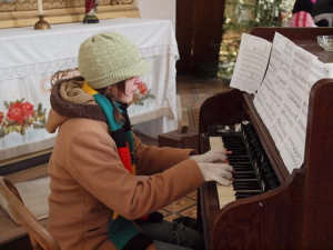 Sličná hudebnice zahrála na harmonium.